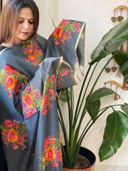 Grey Handwoven Chanderi Dupatta with Floral Thread Embroidery