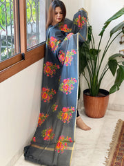 Grey Handwoven Chanderi Dupatta with Floral Thread Embroidery