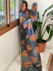 Grey Handwoven Chanderi Dupatta with Floral Thread Embroidery