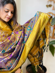 Mustard Handwoven Ikat Dupatta in Pure Silk