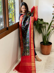 Black Handwoven Ikat Dupatta in Pure Silk