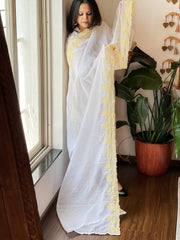 Yellow, White Kota Cotton Dupatta with Thread Embroidered Border