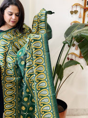 Green Handmade Nakshi Kantha Dupatta in Pure Silk