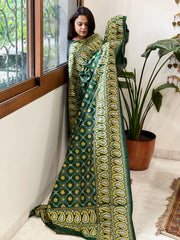 Green Handmade Nakshi Kantha Dupatta in Pure Silk