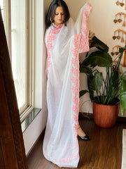 Peachish Red, White Kota Cotton Dupatta with Thread Embroidered Border