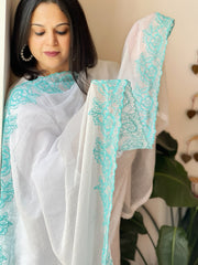 Blue, White Kota Cotton Dupatta with Thread Embroidered Border