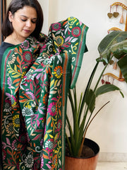 Green Handmade Nakshi Kantha Dupatta in Pure Silk