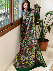 Green Handmade Nakshi Kantha Dupatta in Pure Silk