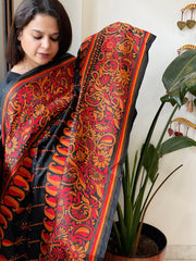 Black Handmade Nakshi Kantha Dupatta in Pure Silk