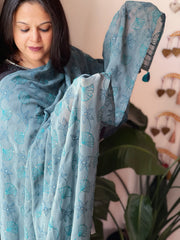 Greyish Blue Hand Embroidered Dupatta in Georgette