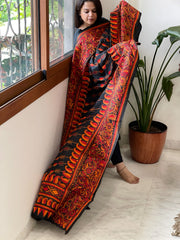 Black Handmade Nakshi Kantha Dupatta in Pure Silk