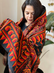Black Handmade Nakshi Kantha Dupatta in Pure Silk