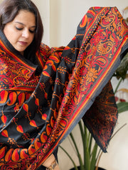 Black Handmade Nakshi Kantha Dupatta in Pure Silk