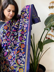 Purplish Blue Handmade Nakshi Kantha Dupatta in Pure Silk