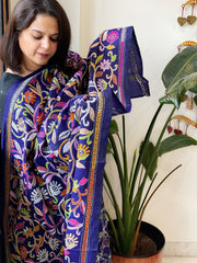 Purplish Blue Handmade Nakshi Kantha Dupatta in Pure Silk