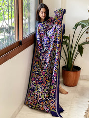 Purplish Blue Handmade Nakshi Kantha Dupatta in Pure Silk