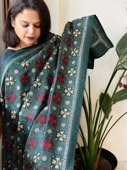 Green Handmade Nakshi Kantha Dupatta in Pure Silk