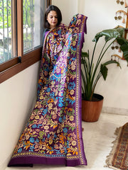 Purple Handmade Nakshi Kantha Dupatta in Pure Silk