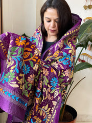 Purple Handmade Nakshi Kantha Dupatta in Pure Silk