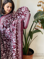 Maroon Handmade Nakshi Kantha Dupatta in Pure Silk