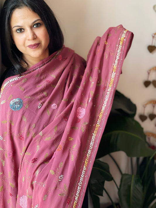 Onion Pink Hand Embroidered Dupatta in Georgette