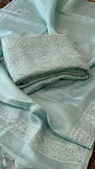 Aqua Blue Suit Set with Lucknowi Handwork in Pure Tussar Silk