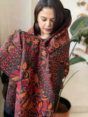 Black Handmade Nakshi Kantha Dupatta in Pure Silk