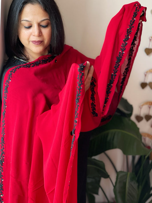 Red Hand Embroidered Dupatta in Georgette