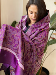 Purple Handmade Reverse Nakshi Kantha Dupatta in Pure Silk
