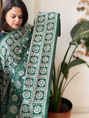 Green Handmade Nakshi Kantha Dupatta in Pure Silk