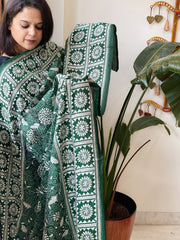 Green Handmade Nakshi Kantha Dupatta in Pure Silk