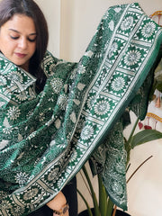 Green Handmade Nakshi Kantha Dupatta in Pure Silk
