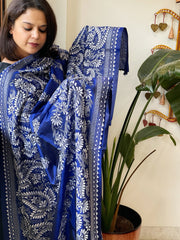 Blue Handmade Nakshi Kantha Dupatta in Pure Silk