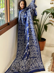 Blue Handmade Nakshi Kantha Dupatta in Pure Silk