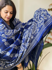 Blue Handmade Nakshi Kantha Dupatta in Pure Silk