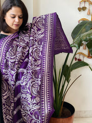 Purple Handmade Nakshi Kantha Dupatta in Pure Silk