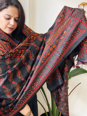 Black Handmade Nakshi Kantha Dupatta in Pure Silk