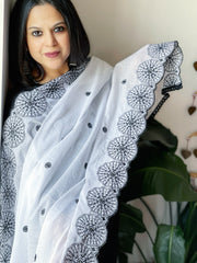 White Cotton Dupatta with Embroidery and Foil Mirror Work