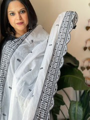 White Cotton Dupatta with Embroidery and Foil Mirror Work