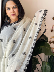 Off-White Cotton Dupatta with Embroidery and Foil Mirror Work