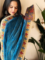 Teal Blue Rai Bandhej Dupatta with Handpainted Kalamkari Pallu in Pure Muga Silk