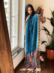 Teal Blue Rai Bandhej Dupatta with Handpainted Kalamkari Pallu in Pure Muga Silk