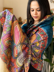 Teal Blue Rai Bandhej Dupatta with Handpainted Kalamkari Pallu in Pure Muga Silk