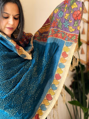 Teal Blue Rai Bandhej Dupatta with Handpainted Kalamkari Pallu in Pure Muga Silk