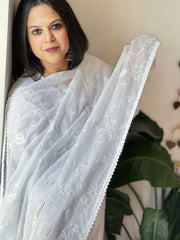 White Kota Cotton Dupatta with Embroidery