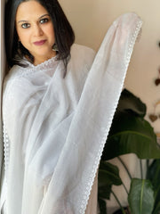 White Kota Cotton Dupatta with Embroidery and foil mirror work