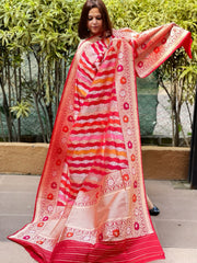 Red Handwoven Banarasi Rangkhat Dupatta in Pure Katan Silk