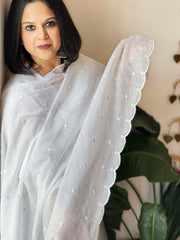 White Kota Cotton Dupatta with Embroidery and foil mirror work