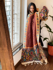 Brick Rai Bandhej Dupatta with Handpainted Kalamkari Pallu in Pure Muga Silk