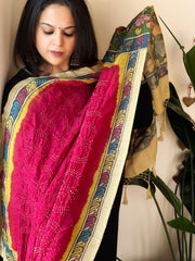Pink Rai Bandhej Dupatta with Handpainted Kalamkari Pallu in Pure Muga Silk